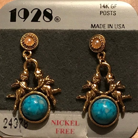 1928 Jewelry - Vtg 1928 Goldtone Earrings w/ Stone,Pearls,Cherubs